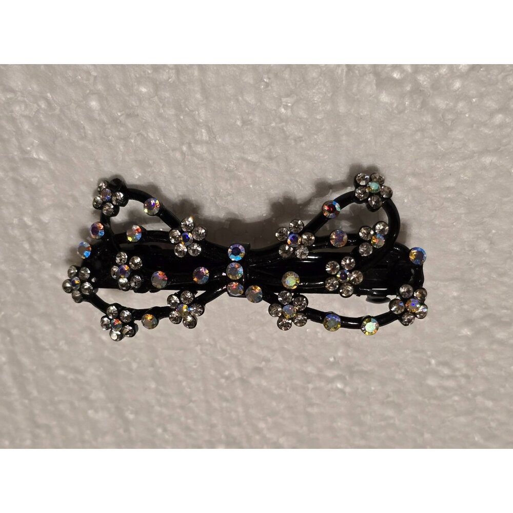 Rhinestone Black Metal Bow Hair Clip Barrette With Floral Design